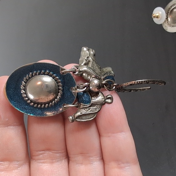 Blue and Silver Western Cowboy Hat Earrings With Charms Horse Earrings Dangling - Picture 10 of 11